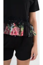 Kadın Siyah Dantel Çiçek Desenli Bisiklet Yaka Bluz HZL24S-YY256