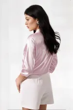 Kadın Pembe Hafif Dökümlü Saten Yüzeyli Gömlek HZL22W-BD139641