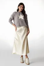 Kadın Vanilya Saten Yüzeyli Beli Lastikli Midi Boy Etek Hzl23s-bd1101471
