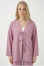 Kadın Gül Kurusu Keten Bağlama Detaylı Kimono Pantolon İkili Takım HZL26S-BD167271 Kadın Gül Kurusu Keten Bağlama Detaylı Kimono Pantolon İkili Takım HZL26S-BD167271