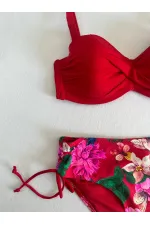 Women's Red Stone Embroidered Floral Patterned Bikini Set HZL25S-LC3368