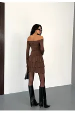 Robe mini marron sans bretelles pour femme, jupe à volants, modèle HZL25W-FRY123581