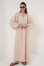 Robe longue hijab à manches ballon pour femme 2464 - Beige