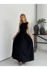 Kadın Siyah Bisiklet Yaka Üstü Esnek Viskon Alt Geniş Poplin Dokuma Kolsuz Elbise HZL26W-DSB1221