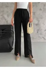 Kadın Siyah Lastikli Bel Yırtmaç Detaylı Cepsiz İthal Keten Astarsız Pantolon HZL24S-FRY121941