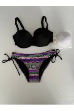 Kadın Siyah Taş İşlemeli Desenli 3 Parça Etekli Bikini Takım HZL25S-LC3326