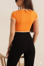 Kadın Turuncu Beyaz Biyeli Kısa Kol Likralı SendyCrop Bluz HZL24S-SND190901