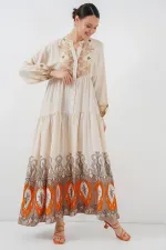 2423 Otantik Desenli Tesettür Elbise - T. Ekru