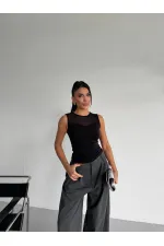 Kadın Siyah Kolsuz Likralı Tül Detay Sandy Bluz HZL26W-FRY123721