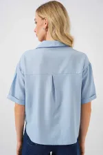 Kadın Mavi Keten Görünümlü Crop Gömlek HZL25S-BD1203391