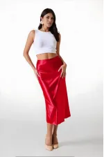 Kadın Kırmızı Saten Yüzeyli Beli Lastikli Midi Boy Etek Hzl23S-BD1101471