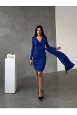 Kadın Saks Mavi V Yaka Toka Ve Büzgü Detaylı Elbise HZL25W-FRY122611