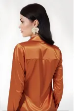 Kadın Oranj  Hafif Dökümlü Saten Yüzeyli Gömlek HZL22W-BD139641