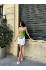 Kadın Fıstık Yeşil Boyundan Bağlamalı Staplez Bluz HZL25S-ZK13581