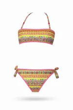 Girls' Salmon Neon Yellow Multicolored Lined Strapless Bikini Set for Ages 4-12 HZL24S-LC6355