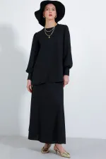 Kadın Siyah Örme Etek Tunik Alt Üst Takım HZL25S-BD180141