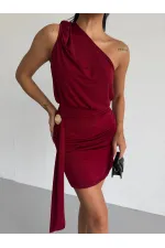 Women's Burgundy One-Shoulder Buckle Detail Draped Sandy Fabric Mini Dress HZL26S-FRY123881