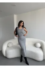 Kadın Gri Triko Crop Uzun Yırtmaçlı Etek Takım HZL25W-ZK1991