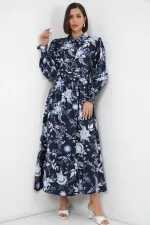 Kadın Kuşaklı Tesettür Elbise 2589 - Lacivert