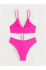 Kadın Neon Pembe İp Detaylı Astarlı V Kesim Üçgen Bikini Takım HZL24S-LC2234