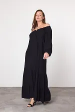 Kadın Siyah Madonna Yaka Kolu Lastikli Uzun Viskon Elbise HZL25S-VM10331