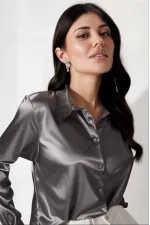 Kadın Antrasit Hafif Dökümlü Saten Yüzeyli Gömlek Hzl22w-bd139641
