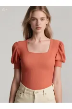 Kadın Gül Kurusu Kare Yaka Örme Bluz HZL22W-BD104091