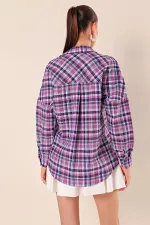 Women's Lilac Purple White Striped Plaid Shirt HZL22W-BD1201451