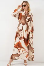 Kadın Desenli Uzun Tesettür Elbise 2585 - Kahverengi