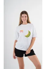 Women's White Yellow Banana House Printed Crew Neck T-Shirt HZL24S-YY302