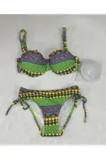 Kadın Yeşil Çok Renkli Etnik Desen Atarlı Bikini Takımı HZL25S-LC8004