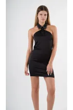 Kadın Siyah Halter Yaka Saten Kumaş Sırt Dekolteli Mini Elbise HZL24S-YY262