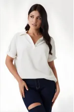 Kadın Ekru Polo Yaka Geniş Kesim Örme Bluz HZL24S-BD104861