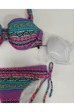 Kadın Fuşya Çok Renkli Etnik Desen Atarlı Bikini Takımı HZL25S-LC8004