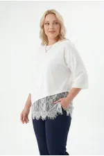 Women's White Plus Size Crew Neck Short Sleeve T-Shirt with Tulle Detail HZL26S-ZSS19521