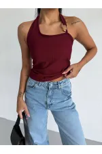Kadın Bordo Ottoman Kumaş Halter Yaka Toka Detay Bluz HZL26W-FRY123321