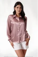 Kadın Gül Kurusu Hafif Dökümlü Saten Yüzeyli Gömlek HZL22W-BD139641
