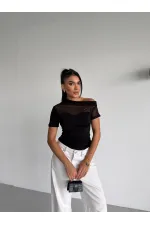 Kadın Siyah Tek Omuz Transparan Tül Detaylı Şık Sandy Bluz HZL26S-FRY123871