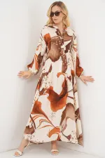 Kadın Desenli Uzun Tesettür Elbise 2585 - Kahverengi