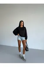 Kadın Siyah Bisiklet Yaka 2 İplik Sweatshirt HZL25W-FRY123391