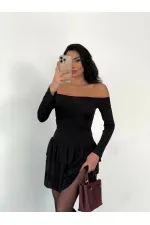 Women's Black Strapless Neckline Layered Skirt Detail Mini Dress HZL25W-FRY123581