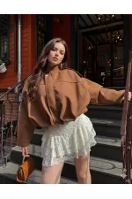 Kadın Kiremit Oversize Fermuar ve Çıt Çıt Kapamalı Cepsiz Süet Deri Ceket HZL25W-BD107301