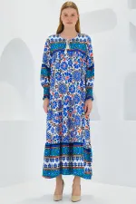 Kadın Saks Mavi Desenli Uzun Viskon Elbise 1947
