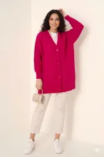 Cardigan long boutonné coupe décontractée en tricot rose foncé pour femme HZL23W-BD1100691