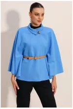 Poncho en cachemire bleu pour femme, col Judge, ceinture détaillée HZL24W-BD191341
