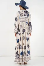 Kadın Desenli Uzun Tesettür Elbise 2585 - B.Lacivert