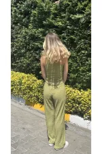 Kadın Fıstık Yeşil Gofre Kumaş Tek Omuz Bluz HZL25S-ZK13271