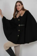 Kadın Siyah Yakası Kürklü Düğmeli Kemerli Kaşe Panço HZL25W-BD191651