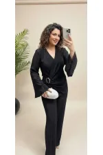 Women's Black Plus Size Pleated Evening Dress Set with Buckle Detail HZL26W-PR10101