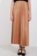 8009 Deri Görünümlü Piliseli Etek - Bisküvi